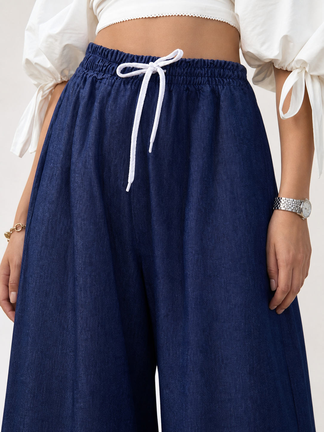 Dark Blue Palazzo Pants with an Elastic Waistband and White Drawstring
