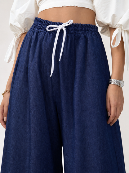 Dark Blue Palazzo Pants with an Elastic Waistband and White Drawstring