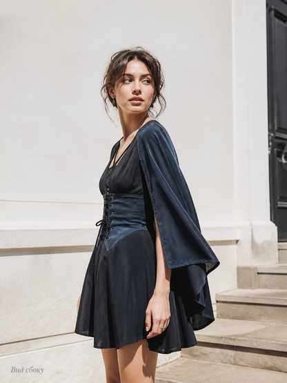 Navy Cape with a High Collar and Lacing