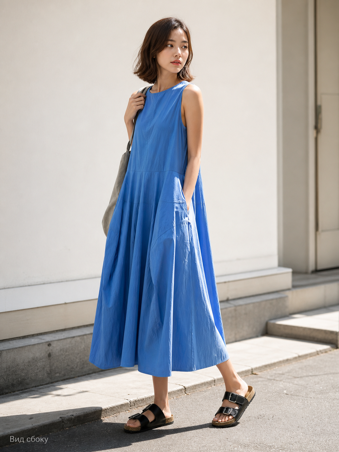 Women's Blue Sleeveless Midi Dress with Pockets