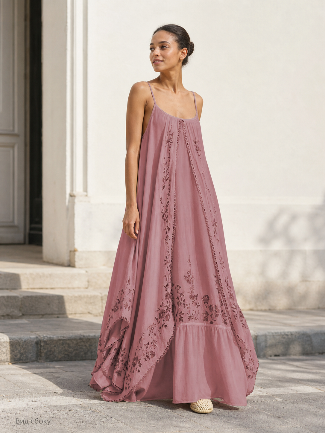 Long Pink Dress with Thin Straps and Print