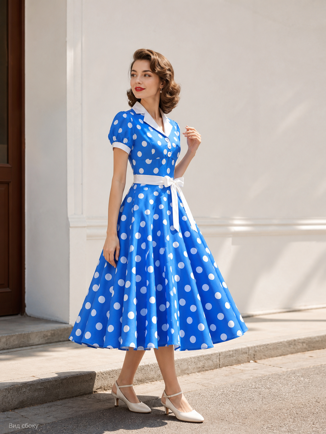 Polka-Dot Dress with a Turn-Down Collar and Bow
