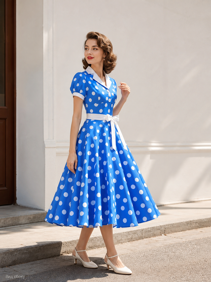 Polka-Dot Dress with a Turn-Down Collar and Bow