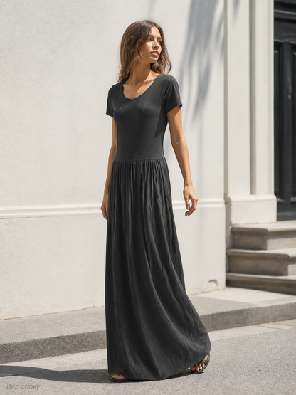 Women's Long Dress with Short Sleeves and Pleats