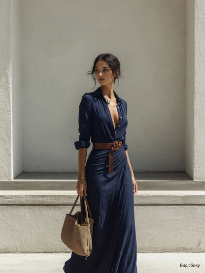 Women's dark navy dress with a belt and long sleeves