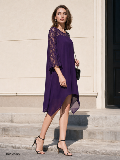 Dress with Lace Insert and Asymmetrical Hem