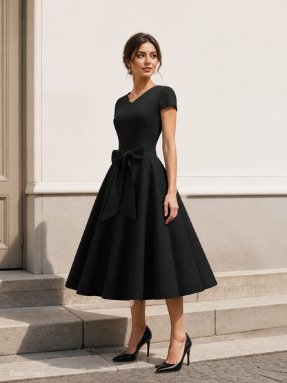 Black V-Neck Dress with Bow