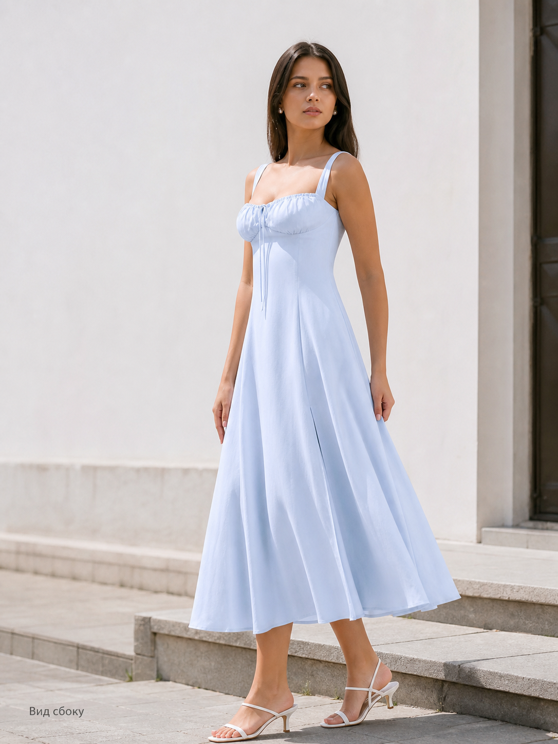 Women's light blue midi dress with a square neckline