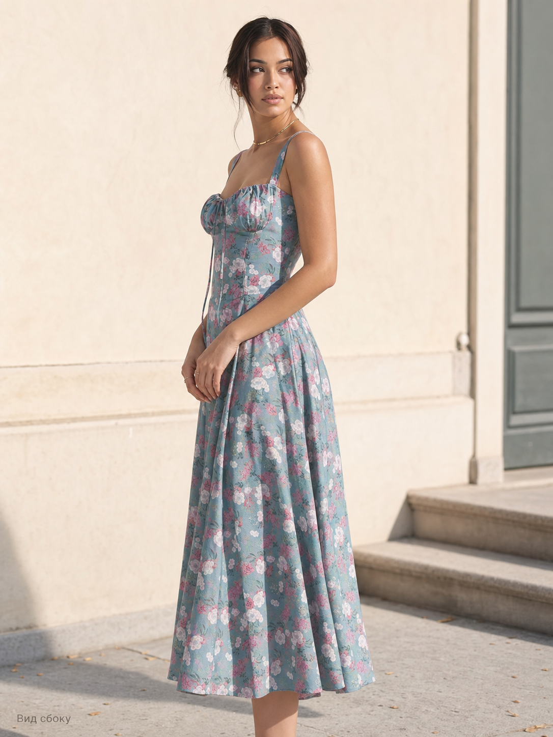 Women's midi dress with a square neckline and print
