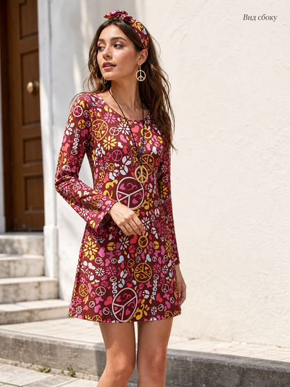 Short dress in a hippie style with an expressive 1970s–1980s theme. The design