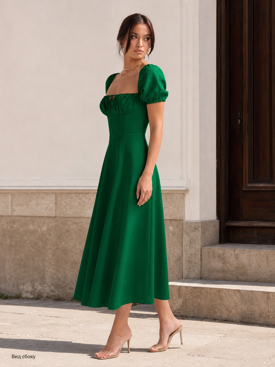 Women's Green Dress with Square Neckline and Lacing