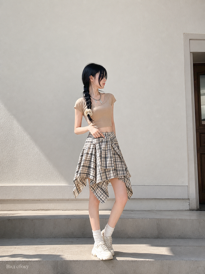 Women's set with a cropped top and plaid skirt