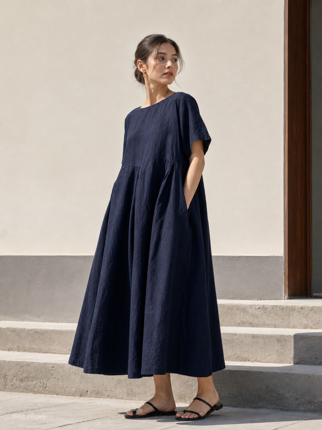 Women's dark navy A-line dress with pockets