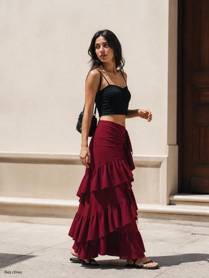 Burgundy Skirt with an Asymmetrical Tiered Flounce