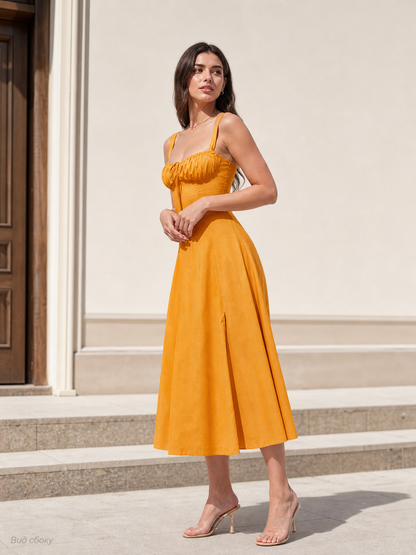 Orange-Red Sleeveless Dress with Wide Straps, Gathered Bust, Tie Front, and Flared A-Line Skirt