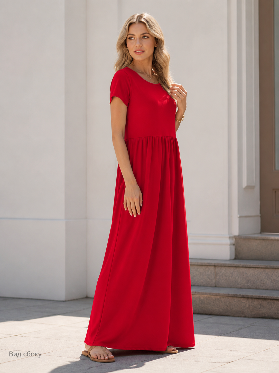 Red Women's Maxi Dress with Short Sleeves and Shirring