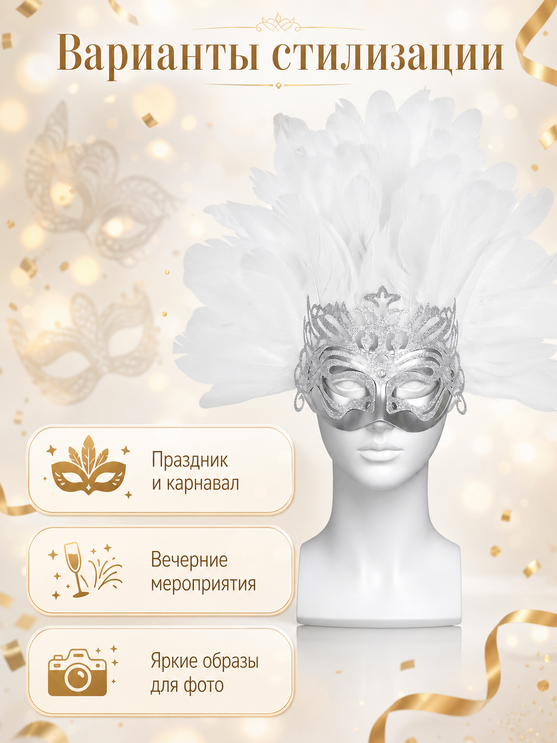 White feather silver masquerade mask product view 25