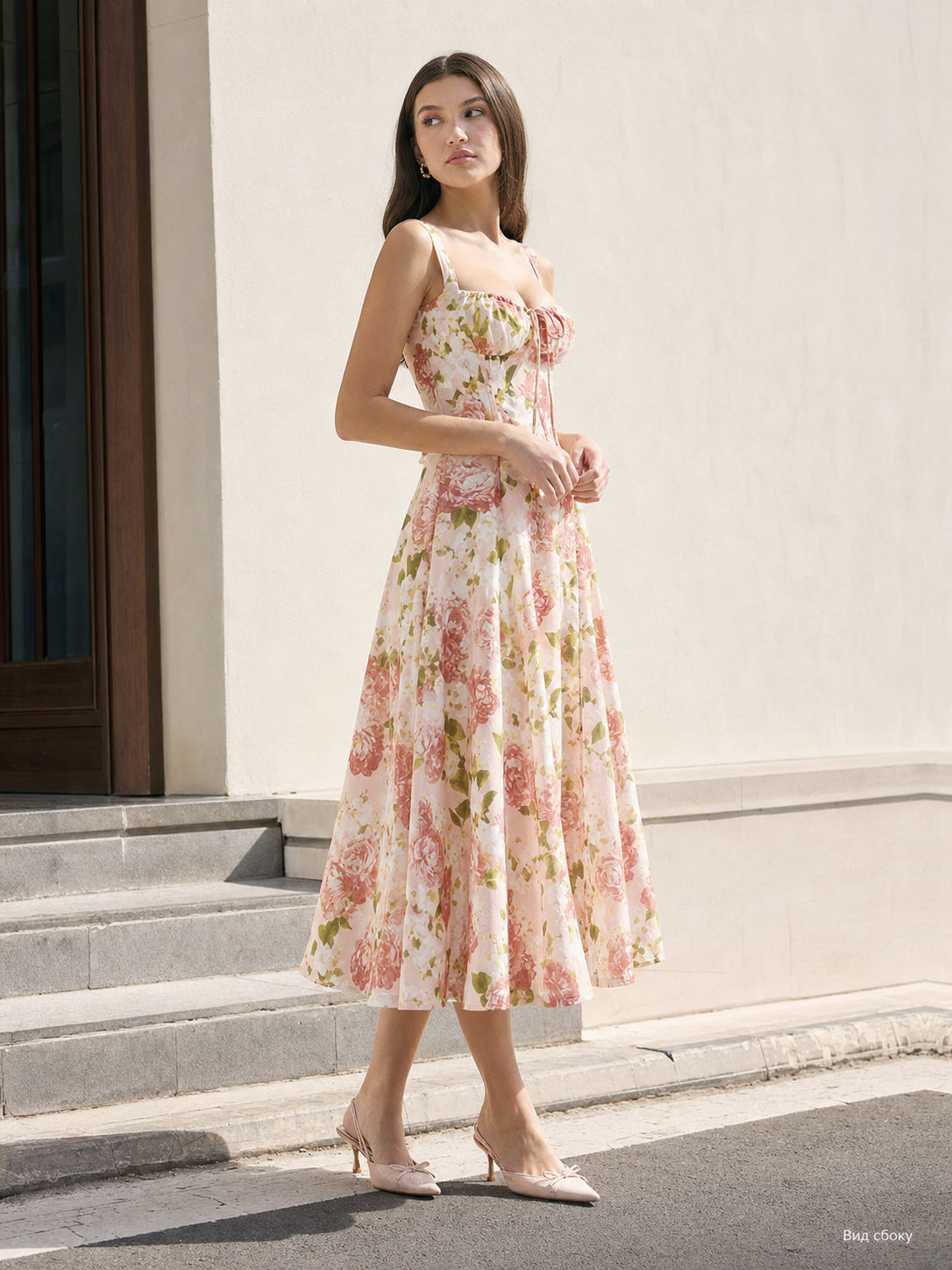 Women's midi dress with spaghetti straps, A-line silhouette