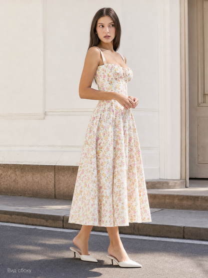 Women’s Midi Dress with Square Neckline and Print