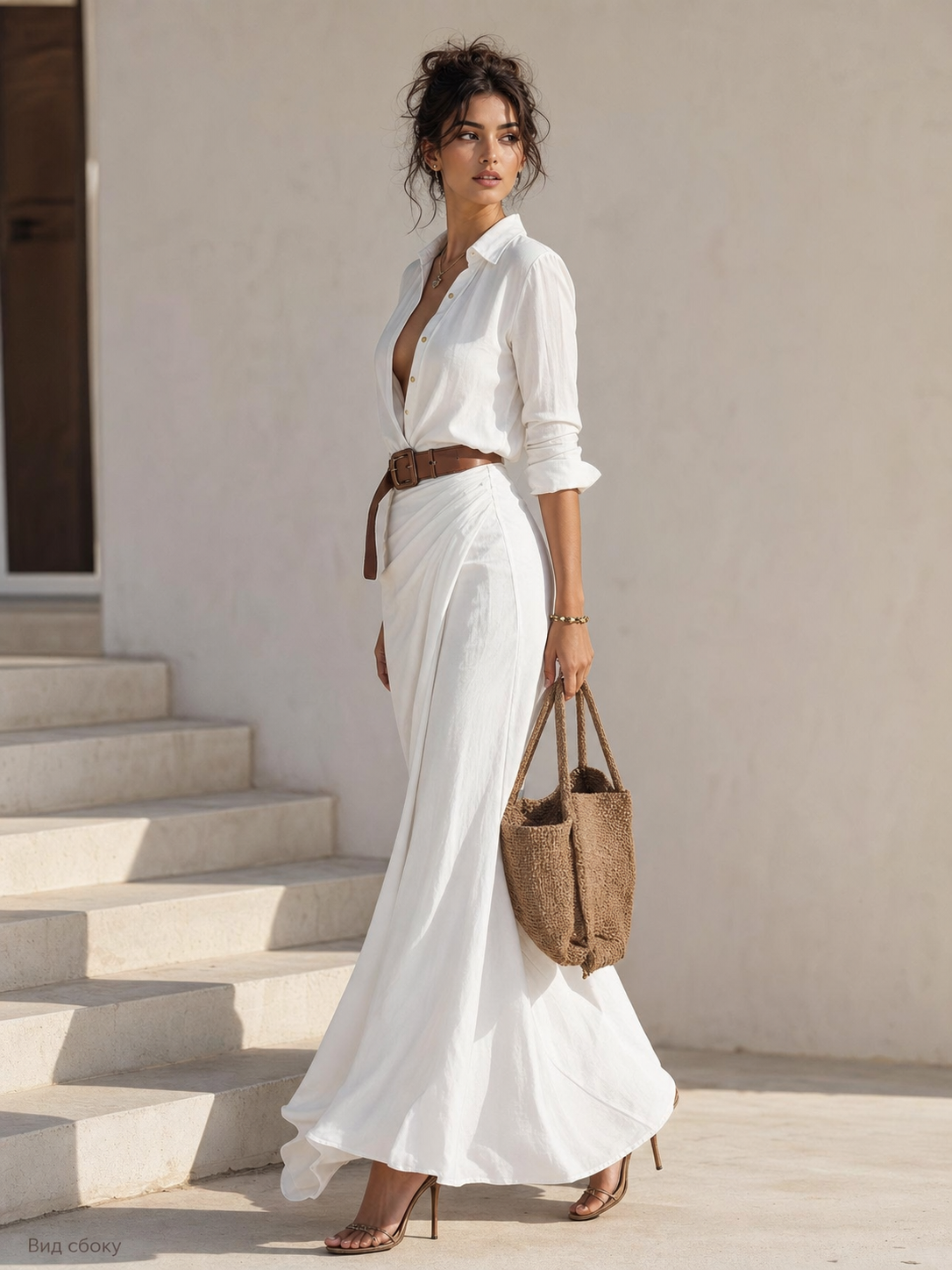 Women’s White Shirt Dress with Belt and Long Skirt