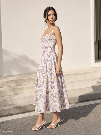 Women's midi dress with floral print and lace-up detailing