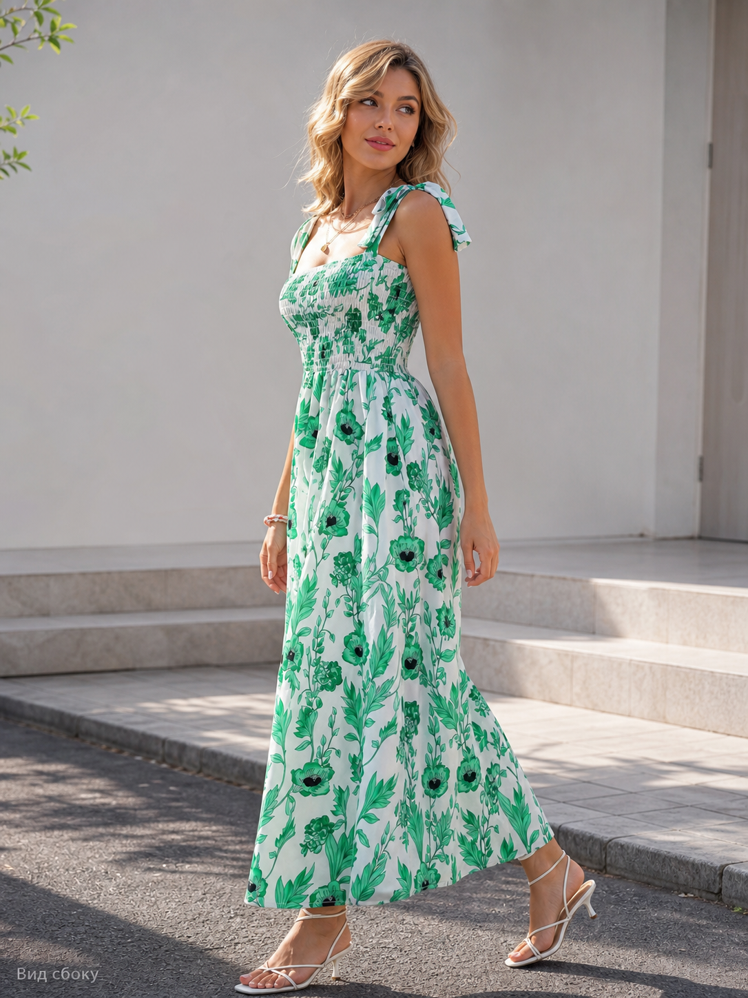 Women's Long Dress with Floral Print and Shoulder Ties
