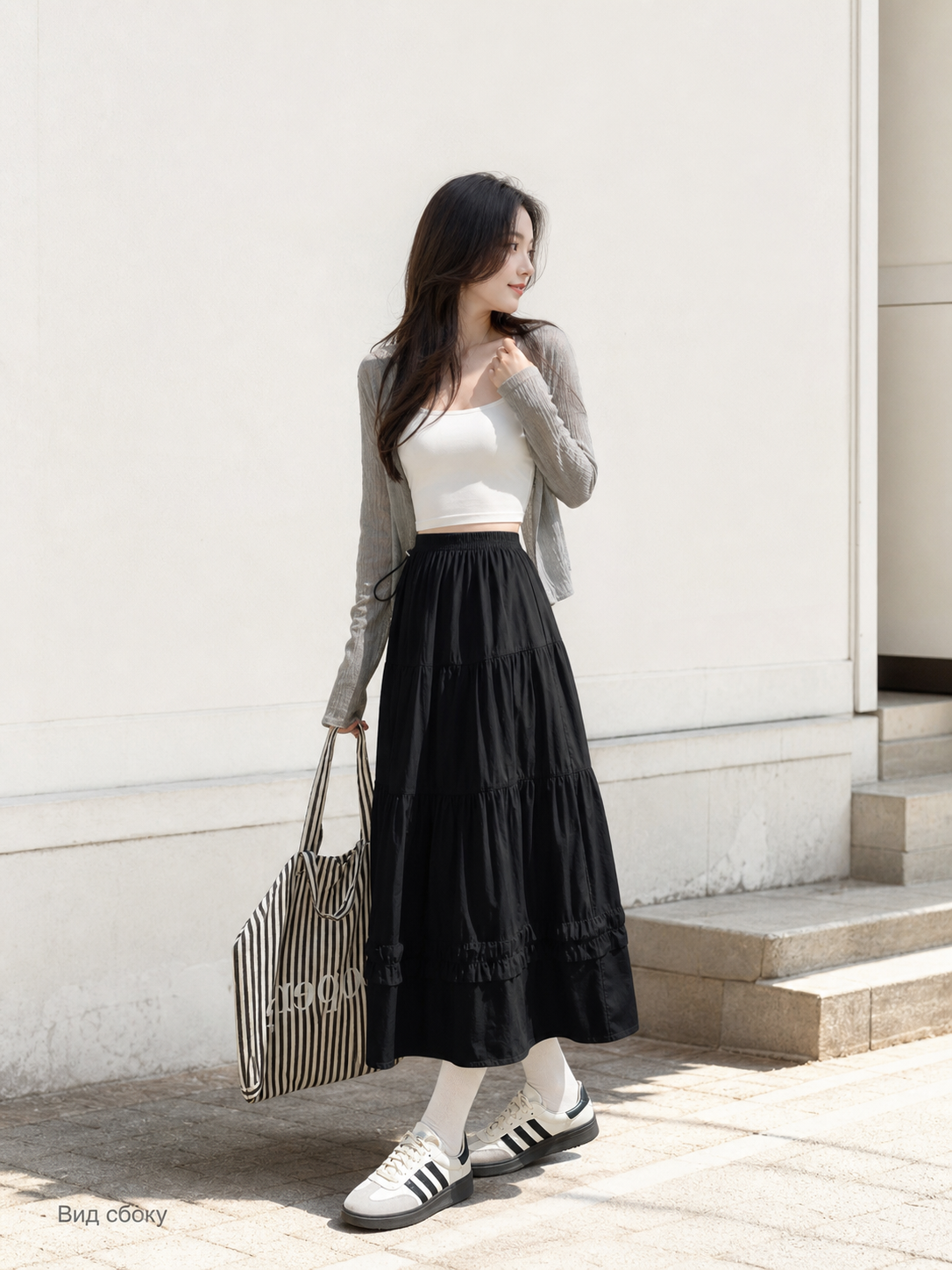 Long Black A-Line Skirt with Tiered Pleats