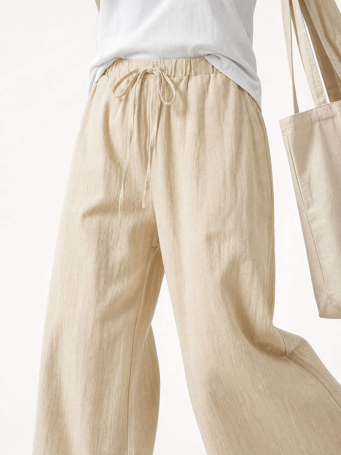 Light Khaki Full-Length Wide-Leg Pants