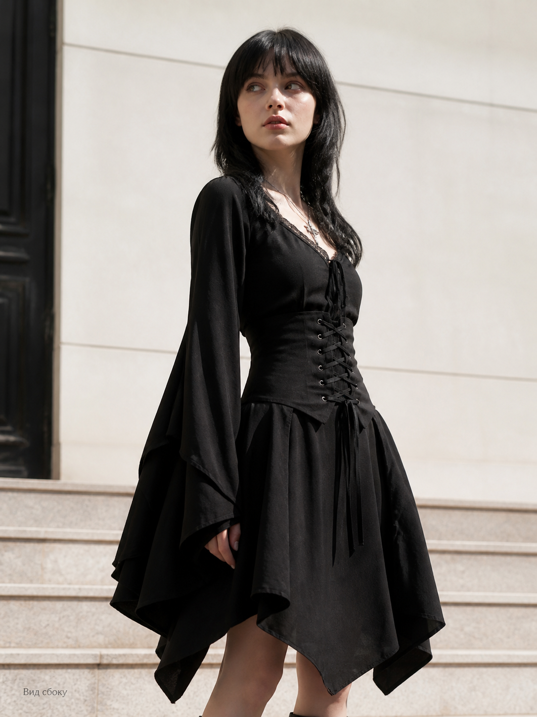 Black Gothic Lace-Up Top with Layered Hem