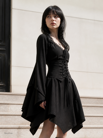 Black Gothic Lace-Up Top with Layered Hem