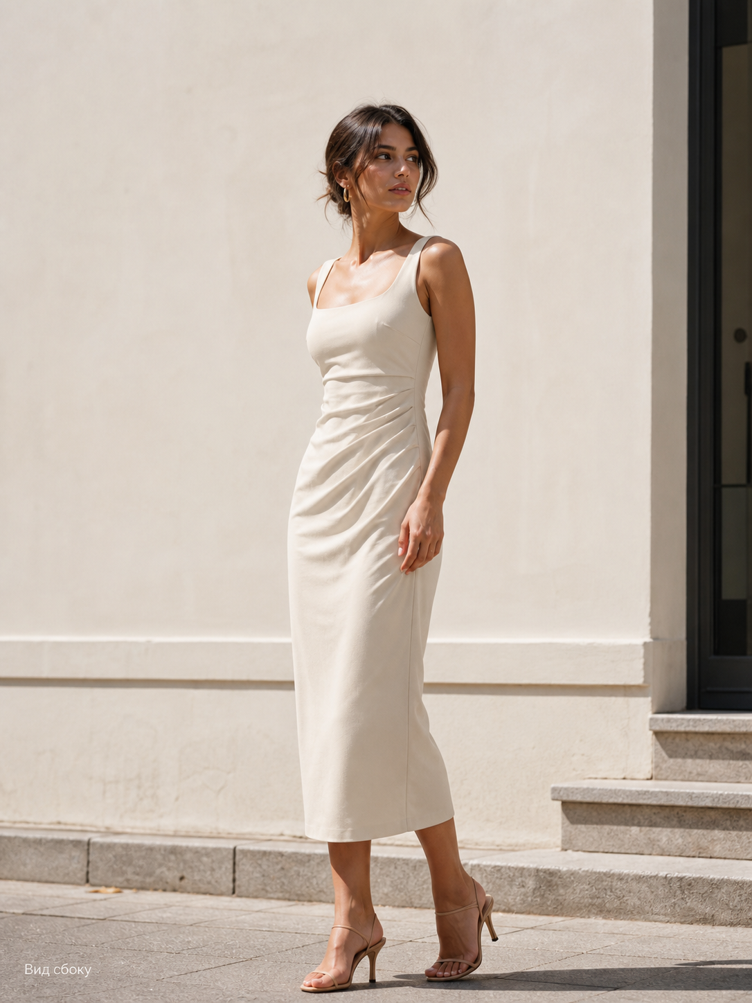 Sleeveless sheath dress with thin straps and draping