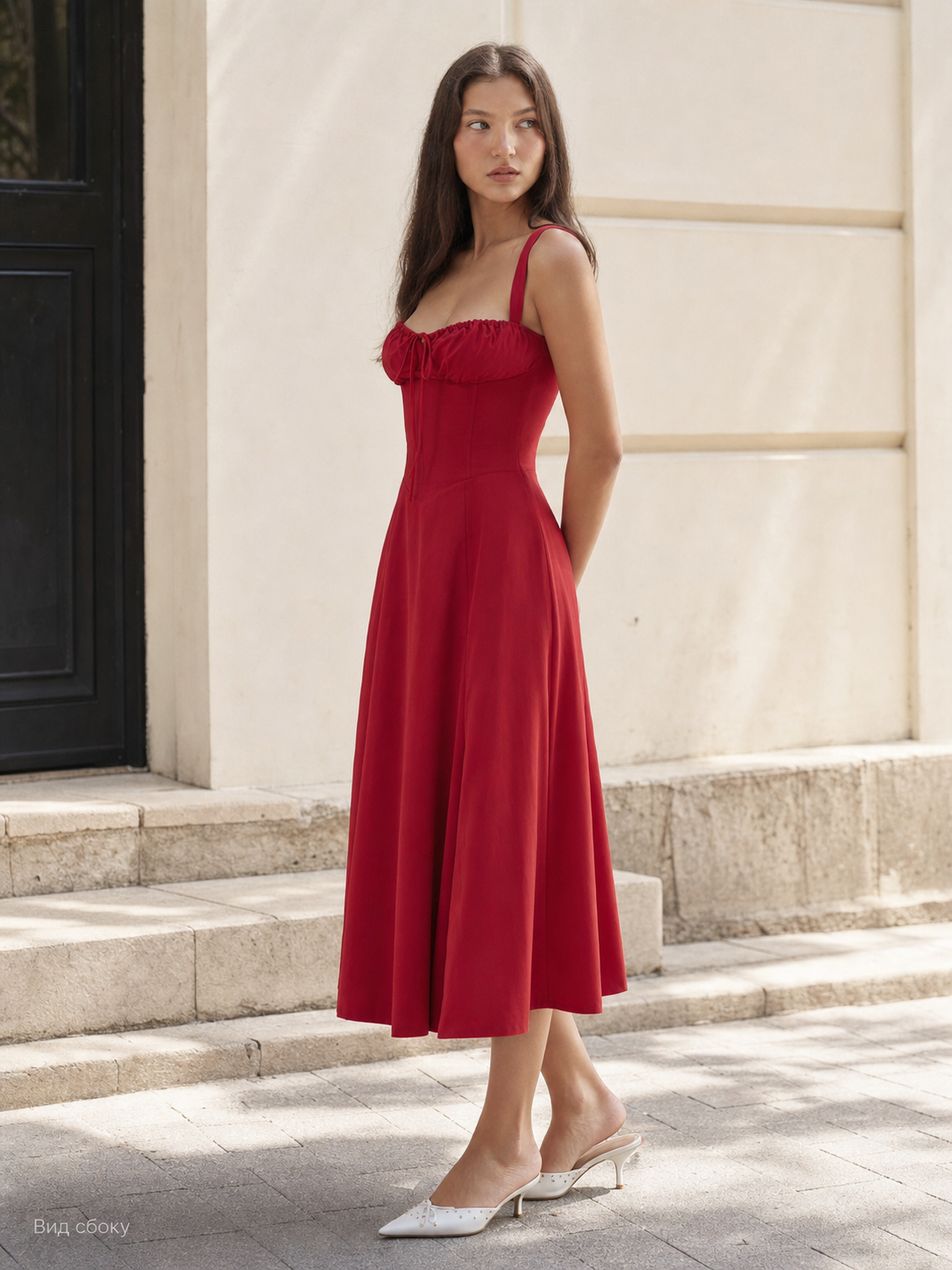 Red Midi Dress with Ruched Bodice and Lacing