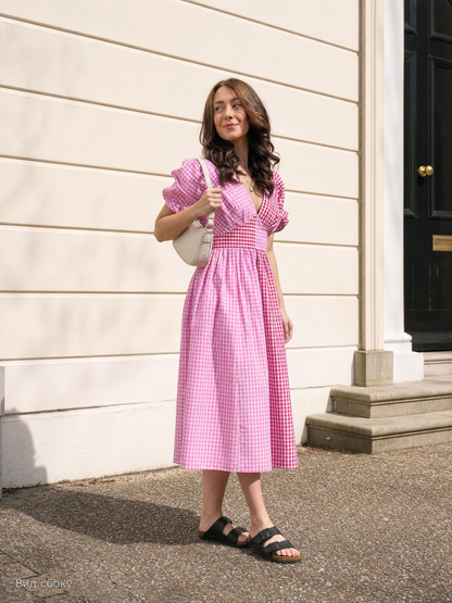 Pink and White Check Midi Dress with V-Neck