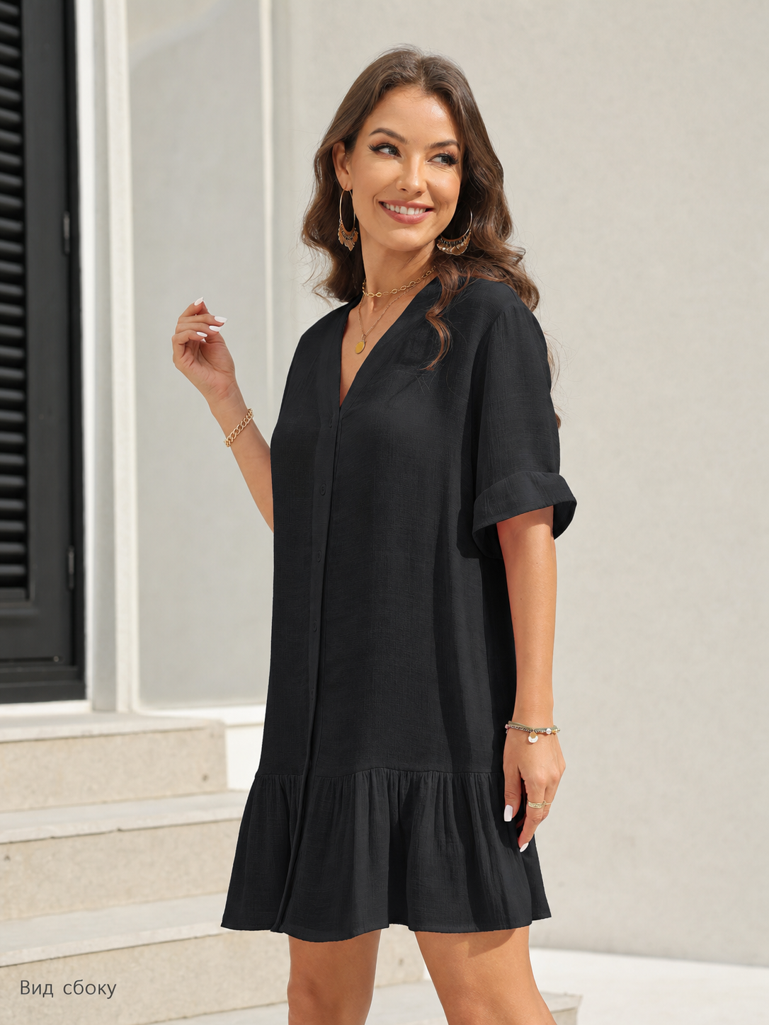 Women’s Black V-Neck Button-Front Dress