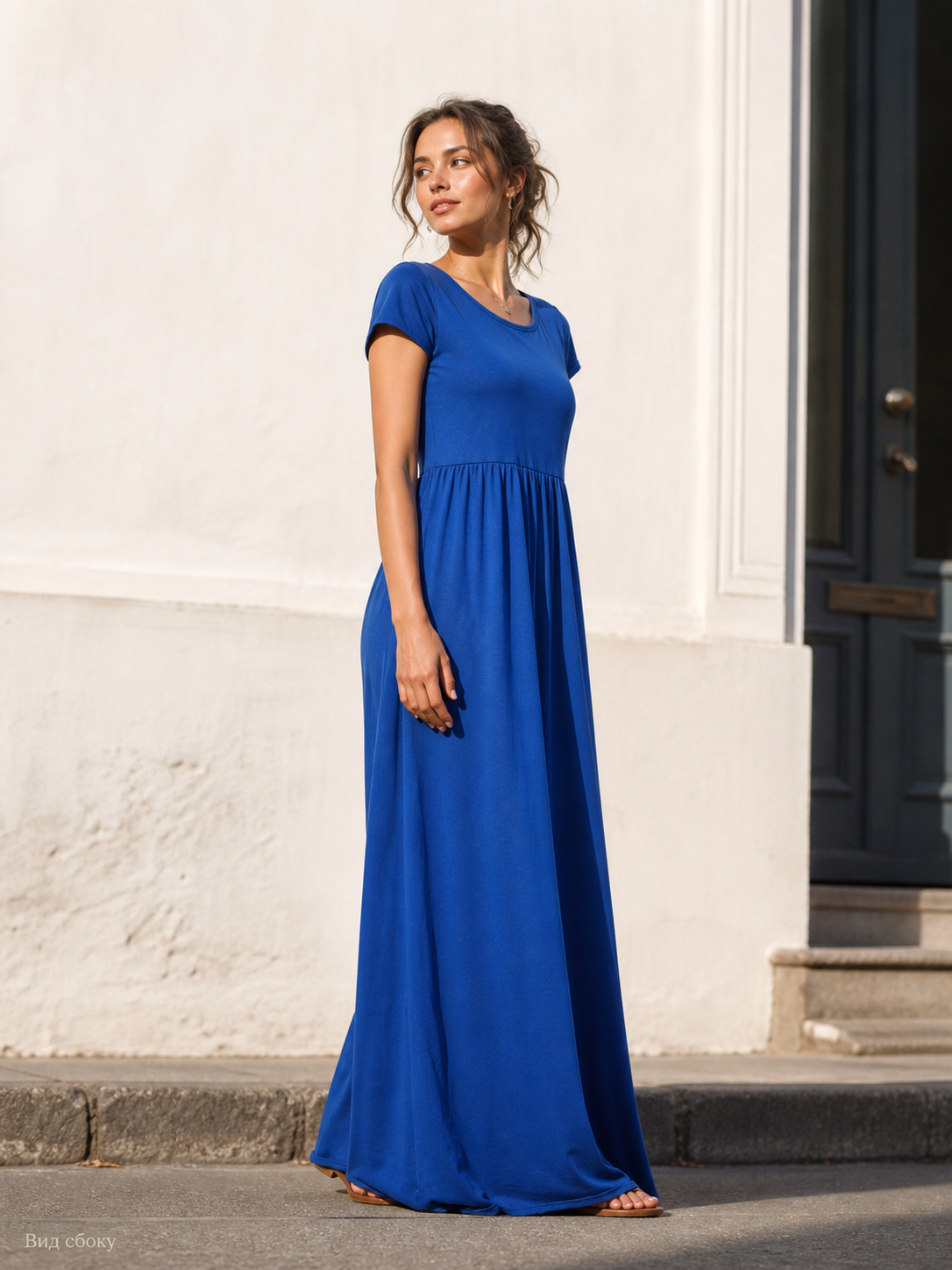 Women's Long Dress with Short Sleeves and Shirring