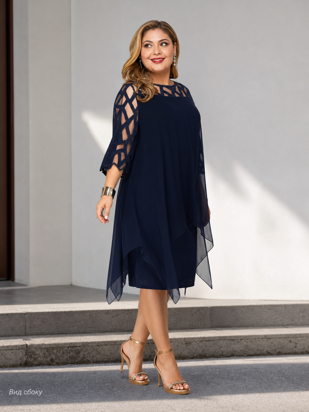 Chiffon Dress with Geometric Mesh Sleeves