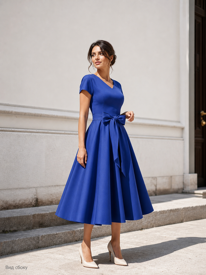 Blue Dress with V-Neck, Bow, and Full Skirt