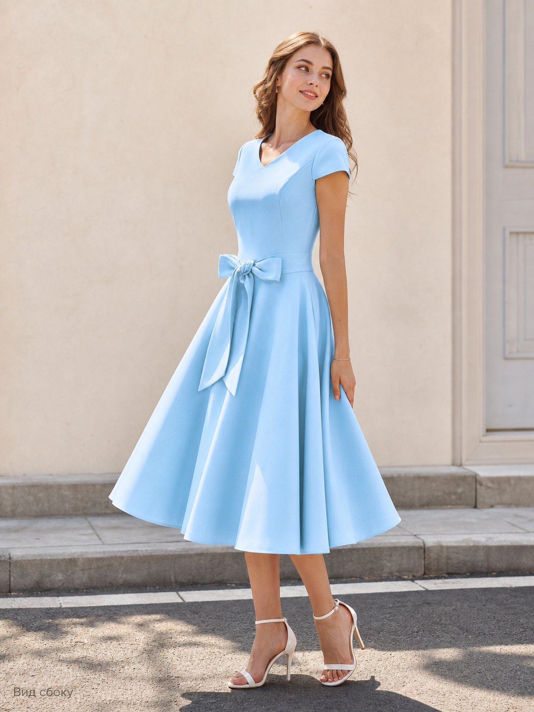 Light Blue V-Neck Dress with Bow and Full Skirt