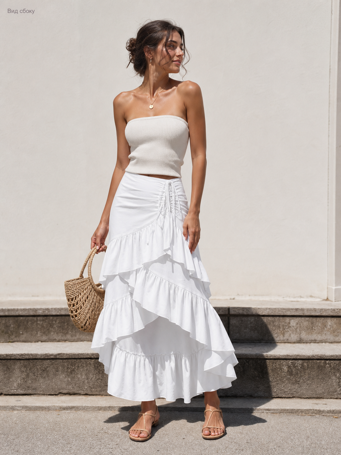 White Asymmetrical Skirt with Tiered Ruffles and Drawstring
