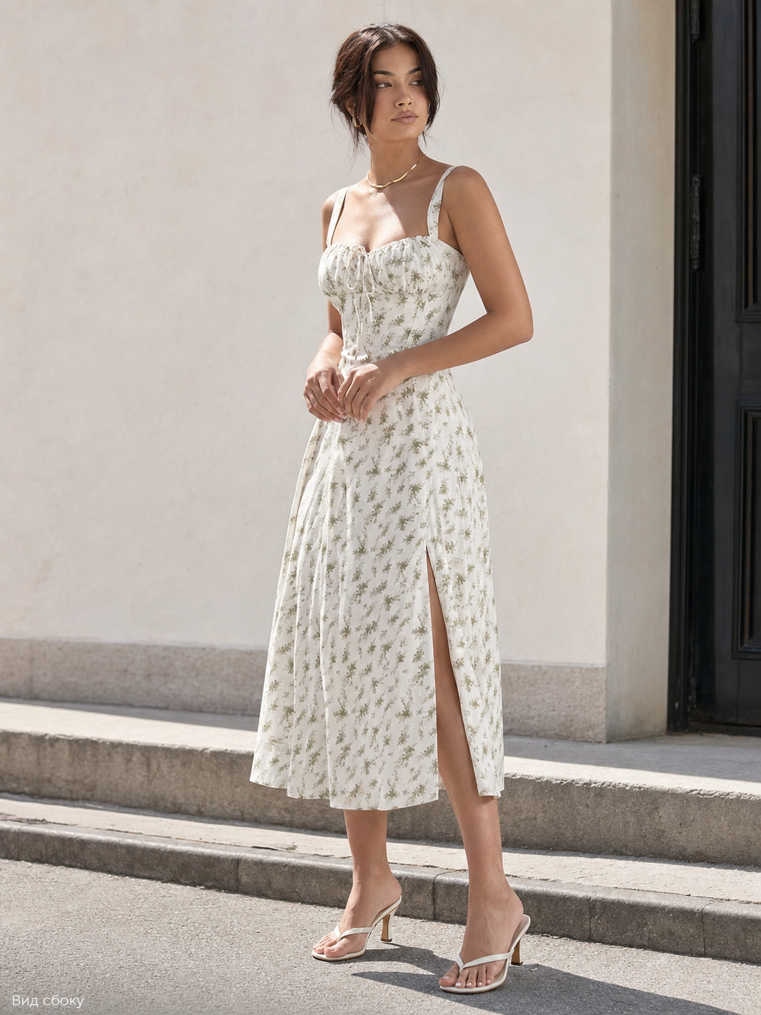 Women's midi dress with a square neckline and slit