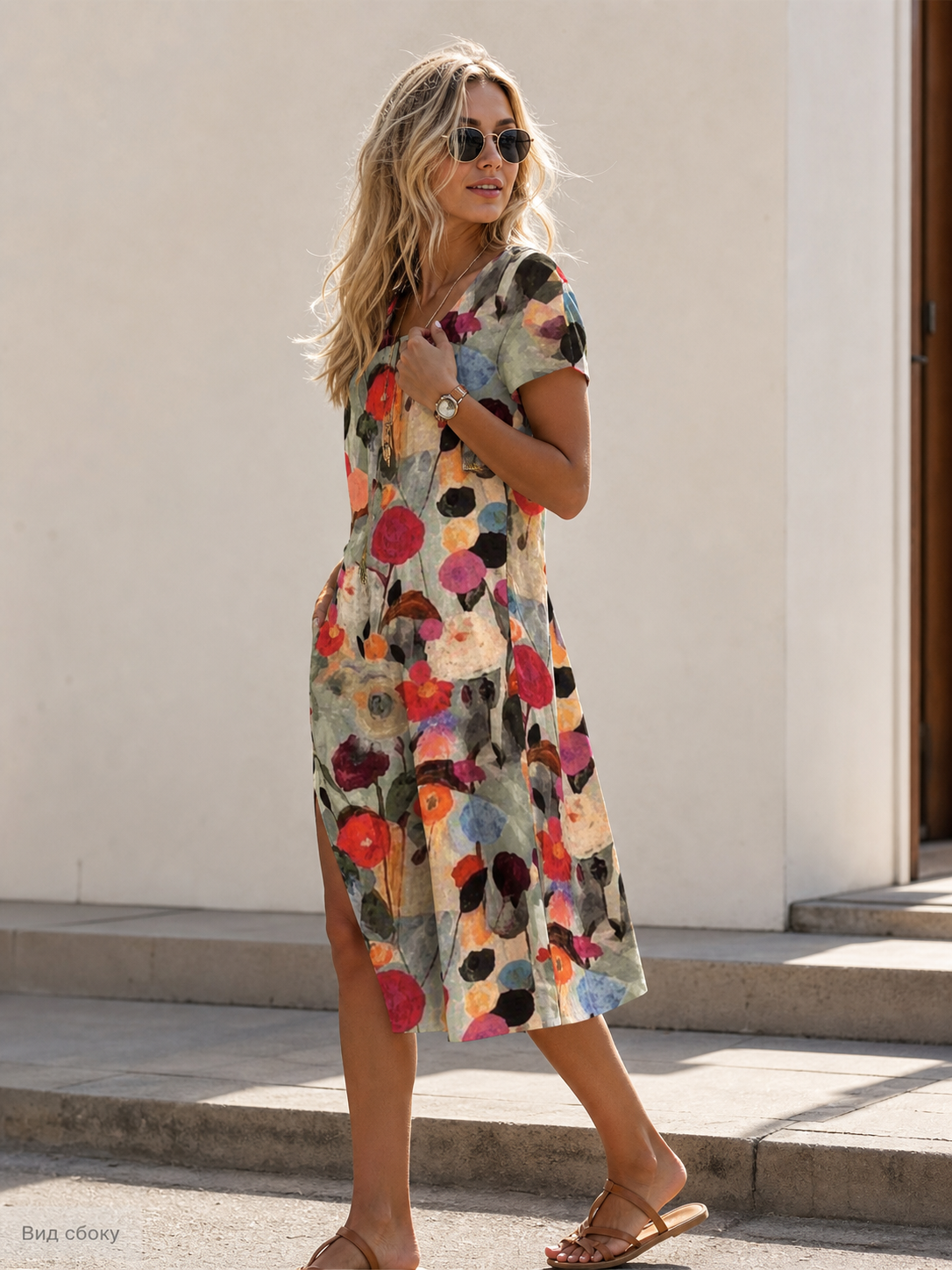 Women's Dress with a Round Neck and Floral Print