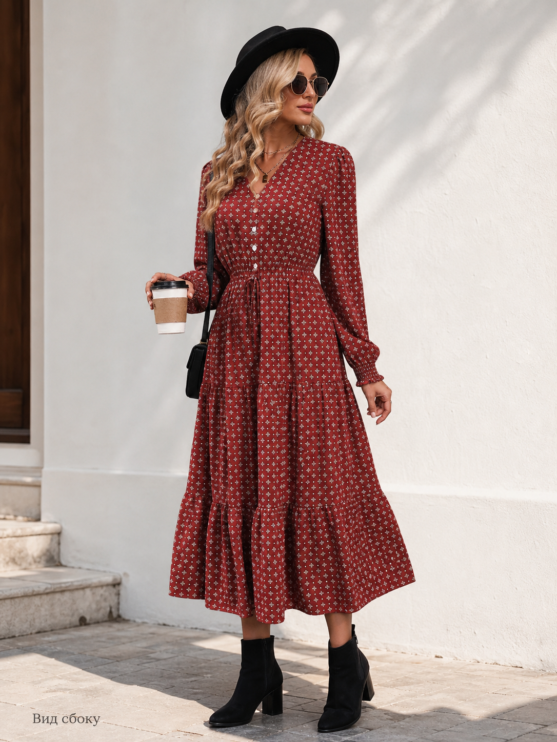 Women's long burgundy dress with print