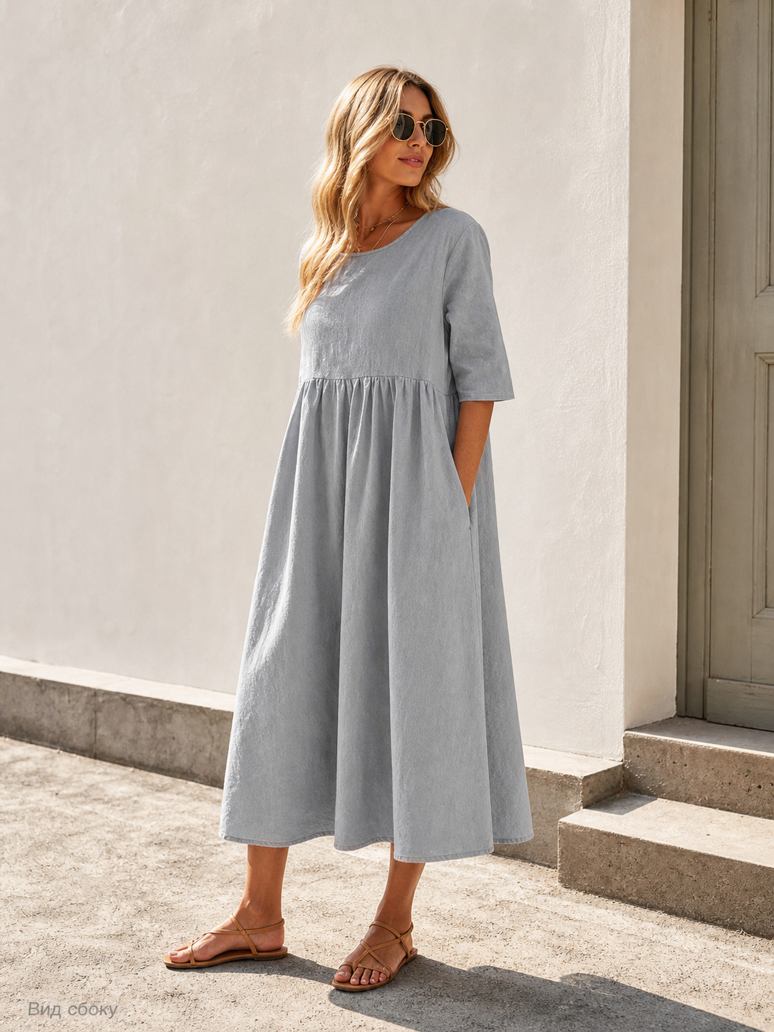 Long Gray Dress with 3/4 Sleeves and an A-Line Silhouette