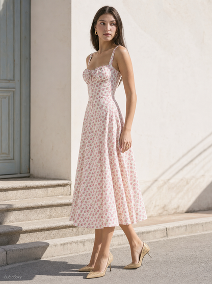 Women's Floral Print Midi Dress with Straps