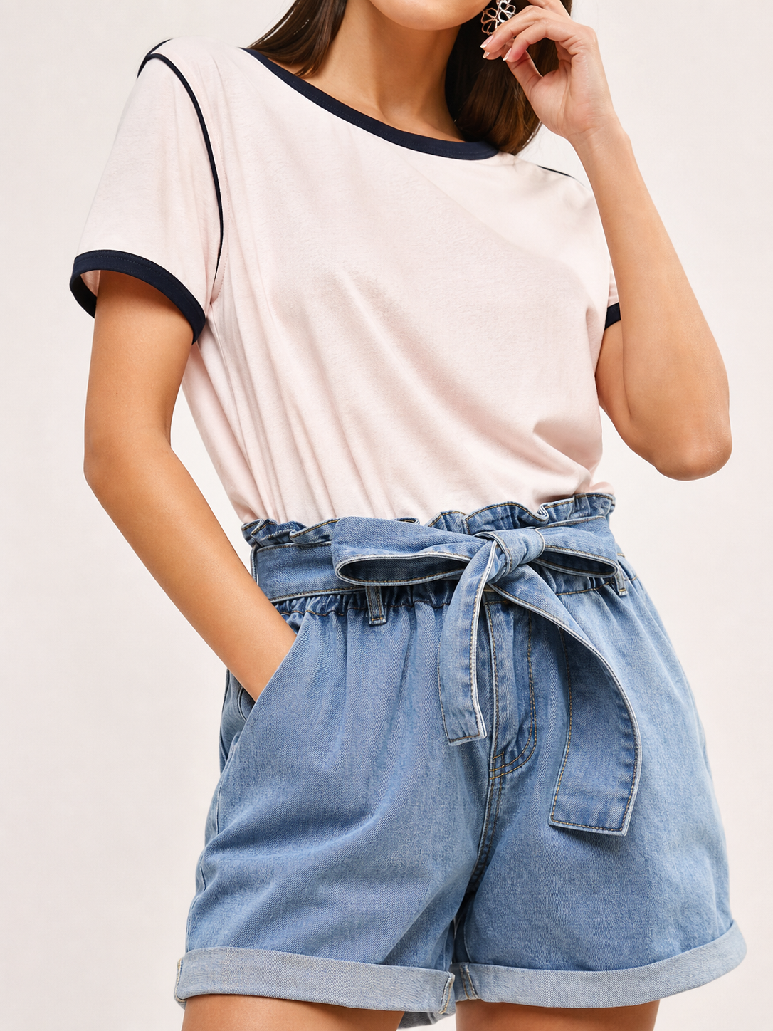 Blue Relaxed-Fit High-Rise Denim Shorts with Tie Waist