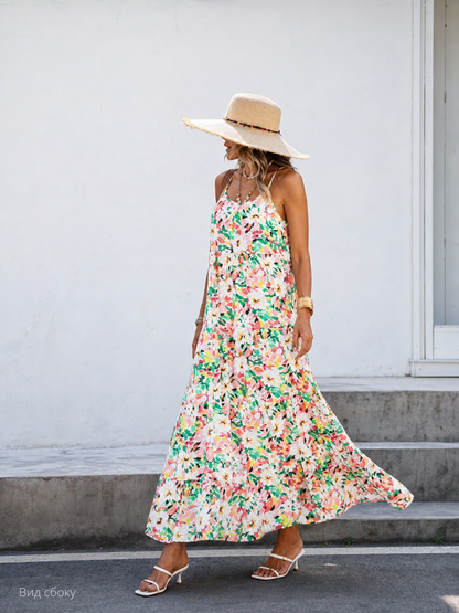 Women's Long Spaghetti-Strap Dress with Print