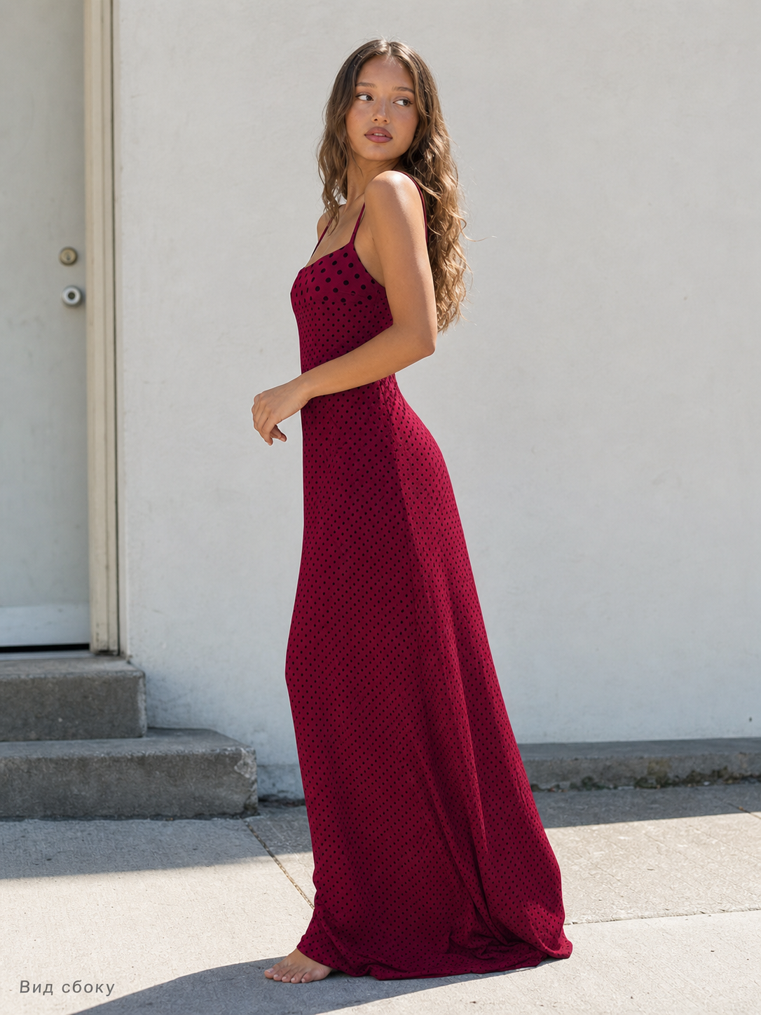 Burgundy Long Polka-Dot Dress with Thin Straps