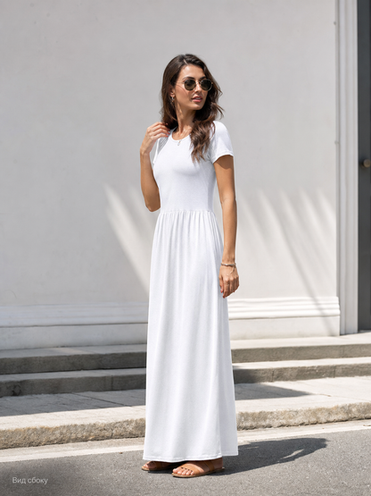Women's White Long Dress with Short Sleeves