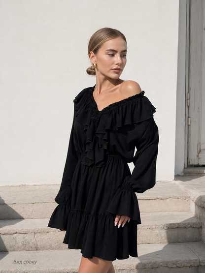 Women’s Black Off-the-Shoulder Dress with Ruffles