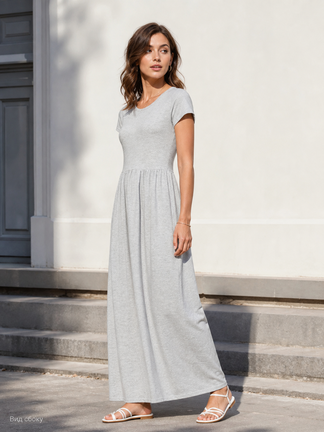 Women's Long Gray Dress with Short Sleeves